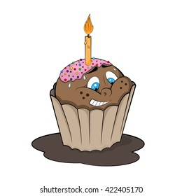 Funny cupcake with candle. Cartoon style