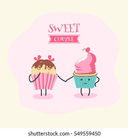 Funny cupcake in cartoon style vector illustration. Cute smiley character with eyes and legs.Sweet couple in love.Background for Valentine's Day.