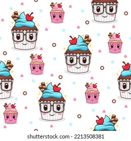 Funny cupcake cartoon vector pattern background.
