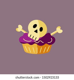 Funny cupcake with sugar skull and bones as logo, icon. Flat style vector illustration. Great for Halloween party invitation, flyer, greeting card, web, postcard, Dia de los Muertos holiday.