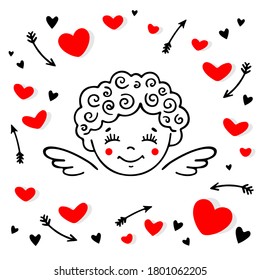 Funny cupid among hearts and arrows.  Cherub vector illustration. Design for web, prints, cards and banner. Valentine's day theme poster. 