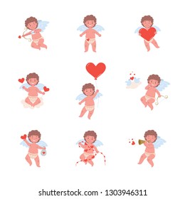 Funny cupid angel characters in different poses: shooting arrows of love, holding hearts, playing music. Flat isolated clip art illustration for Valentine's day and holidays