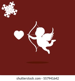 Funny cupid with bow and arrow aiming at someone. Illustration of a Valentine's Day. Vector. Isolated on blue background