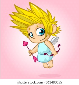 Funny cupid with bow and arrow. Illustration of a Valentine's Day. Vector. Isolated on rose background