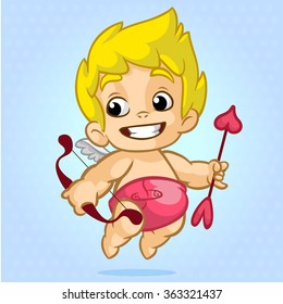 Funny cupid with bow and arrow. Illustration of a Valentine's Day. Vector. Isolated on blue background