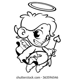 Funny cupid with bow and arrow. Illustration of a Valentine's Day. Monochrome vector line art isolated