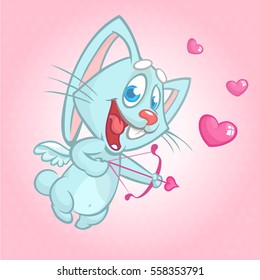 Funny cupid with bow and arrow. Illustration of a Valentine's Day. Vector. Isolated on rose background