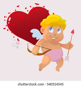 funny cupid with bow and arrow, Valentine's Day, vector illustration, cartoon character, isolated, for cards amd your design