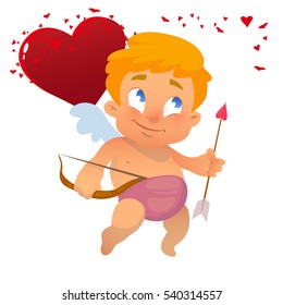 funny cupid with bow and arrow, Valentine's Day, vector illustration, cartoon character, isolated, for cards amd your design