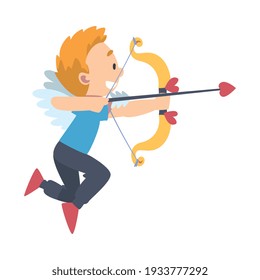 Funny Cupid Boy, Adorable Joyful Kid Angel Cherub in Casual Clothes Shooting with Bow and Arrow Cartoon Style Vector Illustration