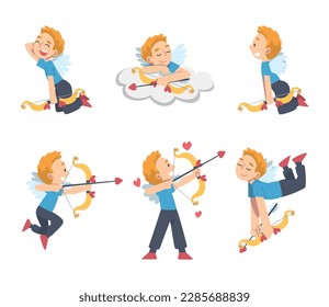 Funny Cupid Boy as Adorable Joyful Kid Angel Cherub with Bow and Arrow Vector Set