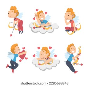 Funny Cupid Boy as Adorable Joyful Kid Angel Cherub with Bow and Arrow Vector Set