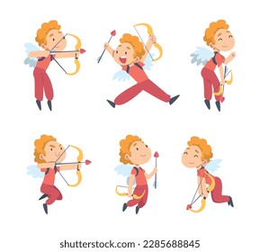 Funny Cupid Boy as Adorable Joyful Kid Angel Cherub with Bow and Arrow Vector Set
