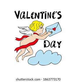 Funny cupid boy with letter. Illustration of a Valentine's Day. Vector. Isolated on white background.