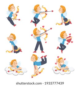 Funny Cupid Boy Set, Adorable Joyful Kid Angel Cherub in Casual Clothes Shooting with Bow Cartoon Style Vector Illustration