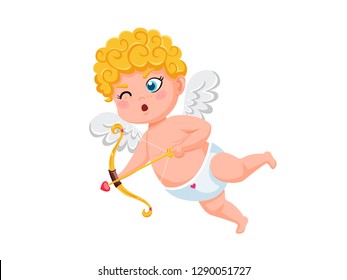 Funny cupid cartoon character with bow and arrow. Vector Illustration elements of a Valentine's Day. Isolated on white background