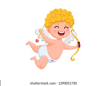 Funny cupid cartoon character with bow and arrow. Vector Illustration elements of a Valentine's Day. Isolated on white background