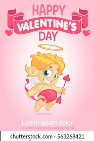 Funny cupid cartoon character with bow and arrow. Vector illustration for Valentine's Day isolated on blue background. Poster for party or invitation