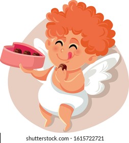 Funny Cupid Eating Chocolate Pralines from Heart Shaped Box. Drawing of cute love angel indulging on chocolates 
