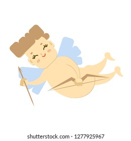 Funny cupid is flying with bow and arrow. Happy Valentines Day card. Vector flat illustration isolated on white background.