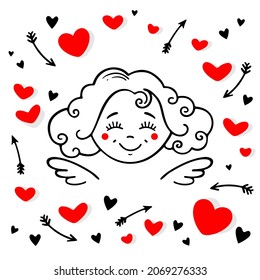 Funny cupid girl among hearts and arrows. Cherub vector illustration. Design for web, prints, cards and banner. Valentine's day theme poster. 