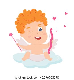 Funny cupid, the god Eros. Cute Greek baby with bow, heart hunter, romantic vector character
