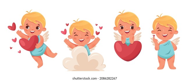 Funny cupid, little angels or amur. Cute little kids with heart. Romantic vector characters.