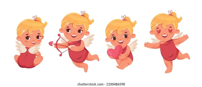 Funny cupid, little angels or amur. Cute little kids with heart. Romantic vector cartoon characters.
