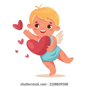 Funny cupid, little angels or amur. Cupid catches hearts. Romantic flat character. 
