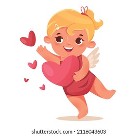 Funny cupid, little angels or amur. Cupid girl catches hearts. Romantic flat character. 