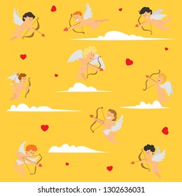 funny cupids with bows and arrows fly in the sky. bright vector illustration in flat style.