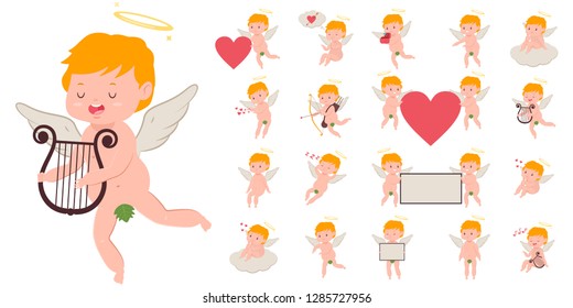 Funny cupids cartoon vector set. Valentine's Day cute amur flat character with angel wings and halo isolated on a white background.