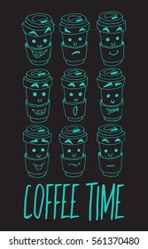 Funny cups. Emoticon face icon. Coffee time. Vector illustration.