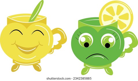 Funny cups. Tea with lemon. Funny emojis. Cartoon characters. Set of vector emoticons. EPS 10.