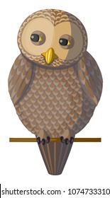 Funny curious brown owl sitting on a branch. Isolated character bird barred owl on white background, vector. Originally designed character, curious vector brown beige owl sitting on the branch.
