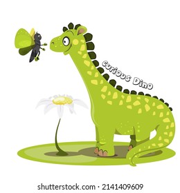 Funny curious dinosaur with a butterfly and a flower on a white background. Children's illustration