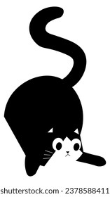 Funny and curious kitten hiding or hunting, isolated cute kitty with long tail and short black hair. Portrait of mammal, domestic feline animal purebred. Friendly and active pet. Vector in flat style