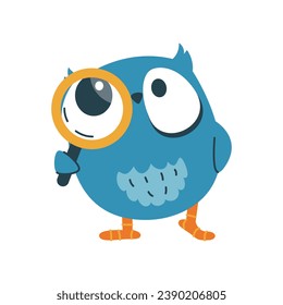 Funny curious owl with a magnifying glass. Vector icon, bird sticker