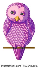 Funny curious pink purple owl sitting on a branch. Isolated character bird owl on white background, vector. Originally designed character, curious vector pink violet owl sitting on the branch.