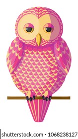 Funny curious pink yellow owl sitting on a branch. Isolated character bird owl on white background, vector. Originally designed character, curious vector magenta yellow owl sitting on the branch.