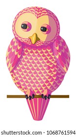 Funny curious pink yellow owl sitting on a branch. Isolated character bird owl on white background, vector. Originally designed character, curious vector magenta yellow owl sitting on the branch.