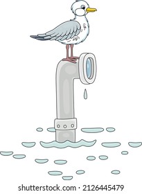 Funny Curious Seagull On A Raised Submarine Periscope In The Open Sea, Vector Cartoon Illustration Isolated On A White Background