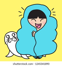 Funny Curious Seal Hiding Behind The Happy Smiling Girl Who Wrapped In Warm And Cozy Blanket. Concept Of Winter Season Greeting Card Character illustration
