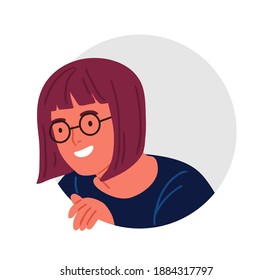 Funny curious teenage girl in glasses peeping or searching for something vector flat illustration. Smiling female teen looking through round geometric shape isolated on white background