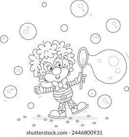 Funny curly circus clown blowing soap bubbles in an amusing performance for little children, black and white vector cartoon illustration for a coloring book