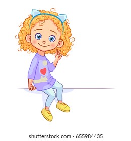 Funny curly girl sits on a big white banner, with a victory hand gesture of two fingers. Kids emotions and poses. Cutout vector cartoon art.