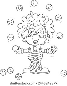 Funny curly-headed circus clown juggling with toy balls in a fun performance, black and white vector cartoon illustration for a coloring book