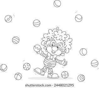 Funny curly-headed circus clown juggling with merrily jumping toy balls in a fun performance, black and white vector cartoon illustration for a coloring book