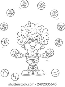 Funny curly-headed circus clown juggling with toy balls with numbers in a fun performance for little kids, black and white vector cartoon illustration for a coloring book