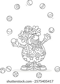 Funny curly-headed circus clown juggling with toy balls in a fun performance, black and white vector cartoon illustration for a coloring book